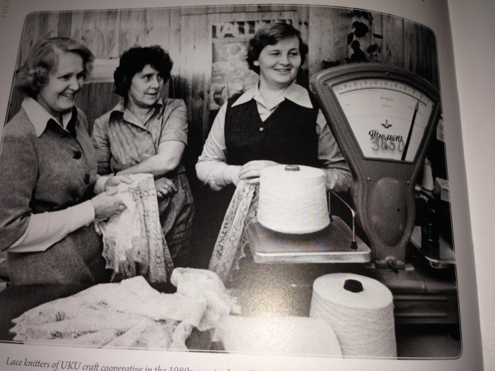 Lace knitters of UKU craft cooperative in the 1980s: master Irene Kaljas, controller of technical quality, Ilme Sintal and knitter, accountant and, later master knitter, Maiva Dunkel. Picture is taken from the copy of my book. Lace knitters of UKU craft cooperative in the 1980s: master Irene Kaljas, controller of technical quality, Ilme Sintal and knitter, accountant and, later master knitter, Maiva Dunkel. Picture is taken from the copy of my book.